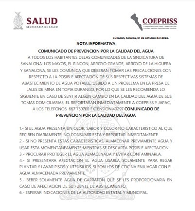 Comunicado de prevención por calidad del agua es emitido por Japac y Coepriss 