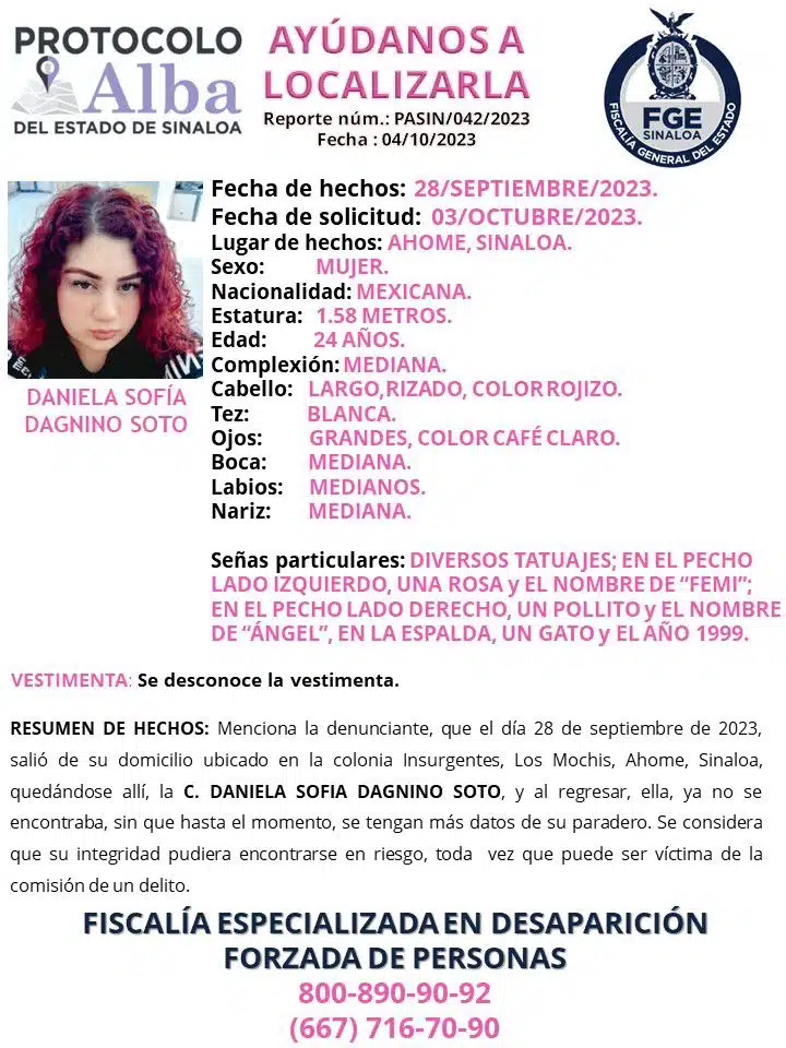 Piden ayuda para localizar a Daniela; desapareció el pasado 28 de septiembre en Los Mochis