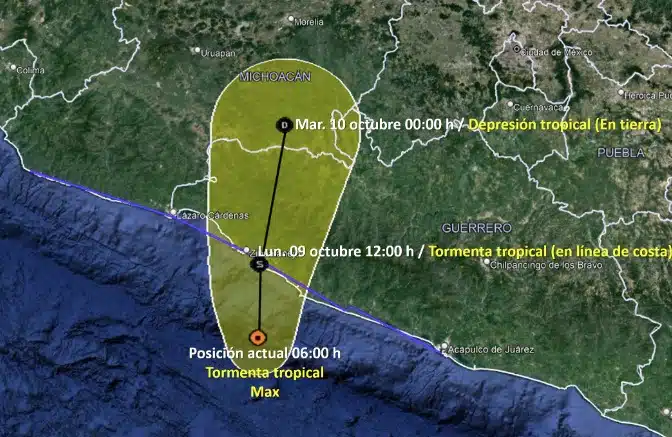 Foto 1: Mapa de pronóstico de la tormenta tropical Max, próximo a tocar tierra en Guerrero. SMN