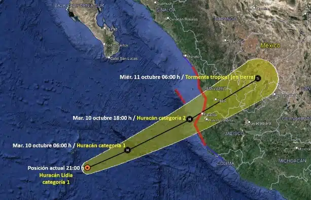 Pronóstico de la trayectoria y fortalecimiento del huracán Lidia en aguas del Pacífico mexicano. Conagua-SMN