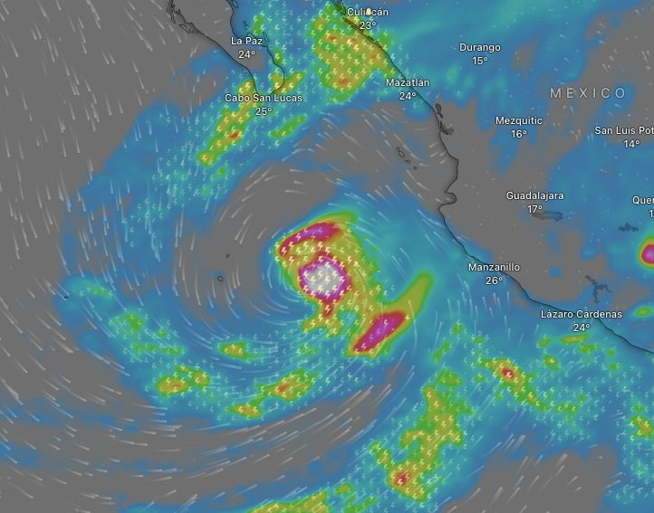Protección de desplazamiento del huracán Lidia hacia las 5:00 horas del martes 10 de octubre. Windy.