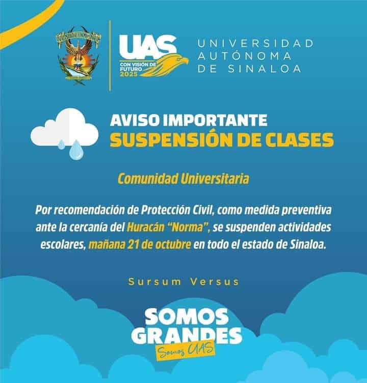 ¡No mandes a tus hijos al PISI! La UAS también suspende clases sabatinas por huracán Norma