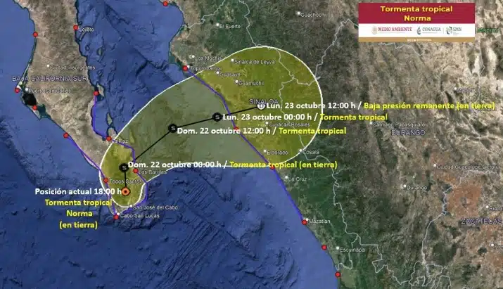 Mapa pronóstico y evolución de la ahora tormenta tropical Norma emprendiendo su destino final: Sinaloa. SMN