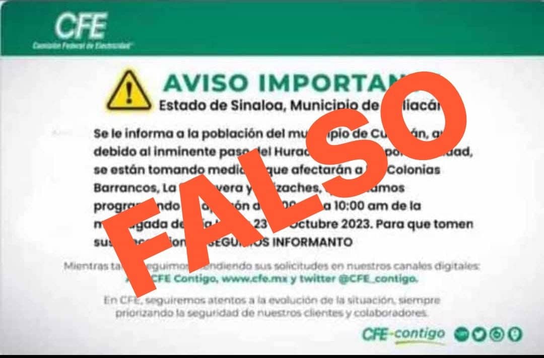 Mensaje de CFE reporte falso tormenta Norma
