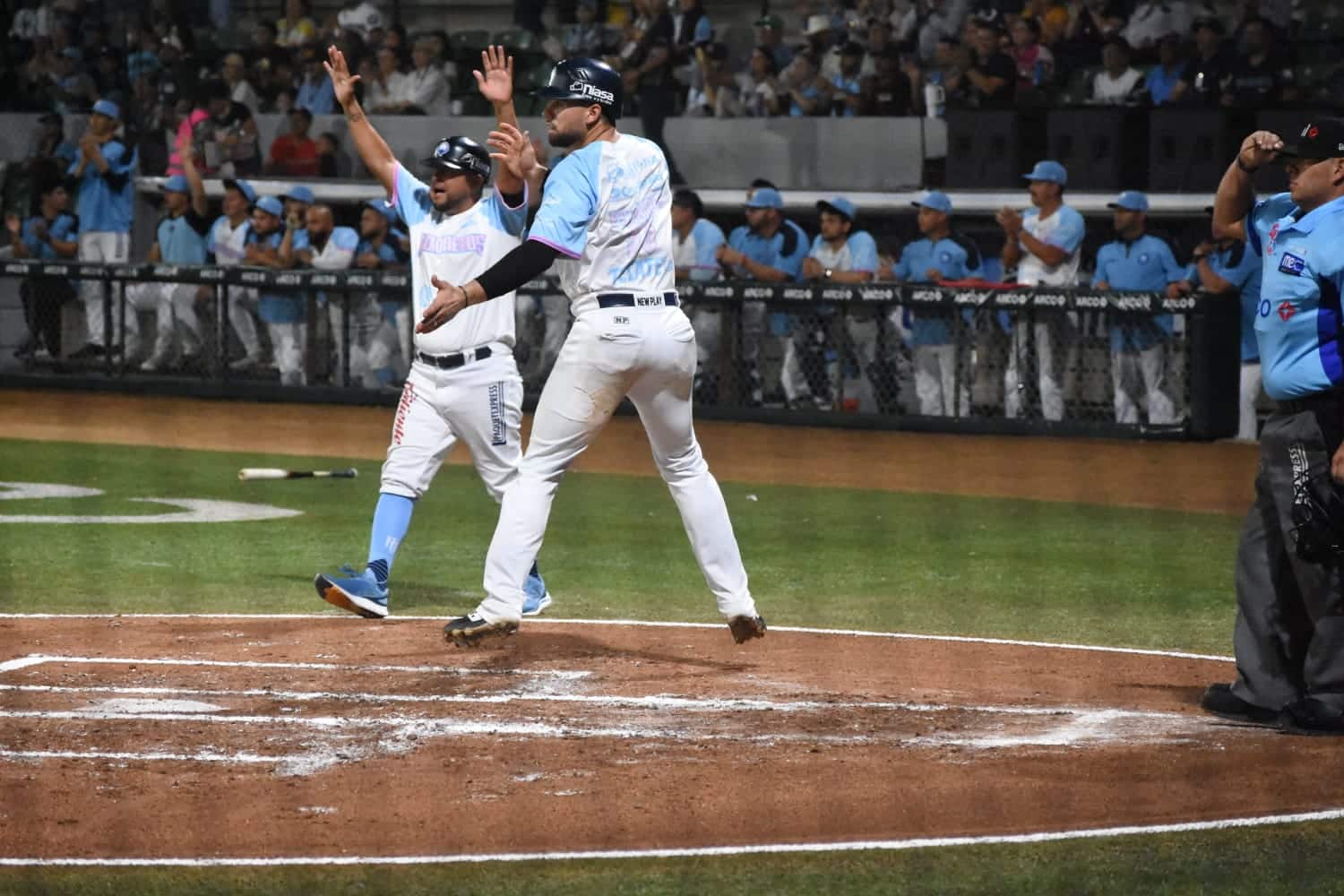 JC Escarra celebrando carrera de Algodoneros en el Kuroda Park