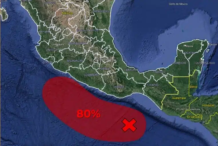 Zona de baja presión al 80% de desarrollo ciclónico en el océano Pacífico