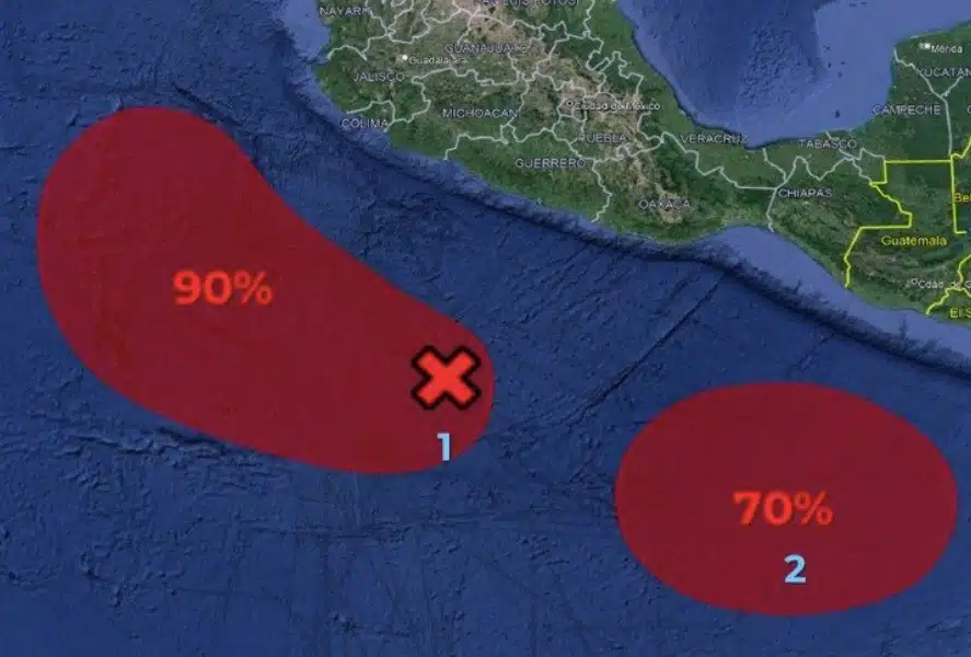 Mapa de la república mexicana con 2 zonas de baja presión en el océano Pacífico