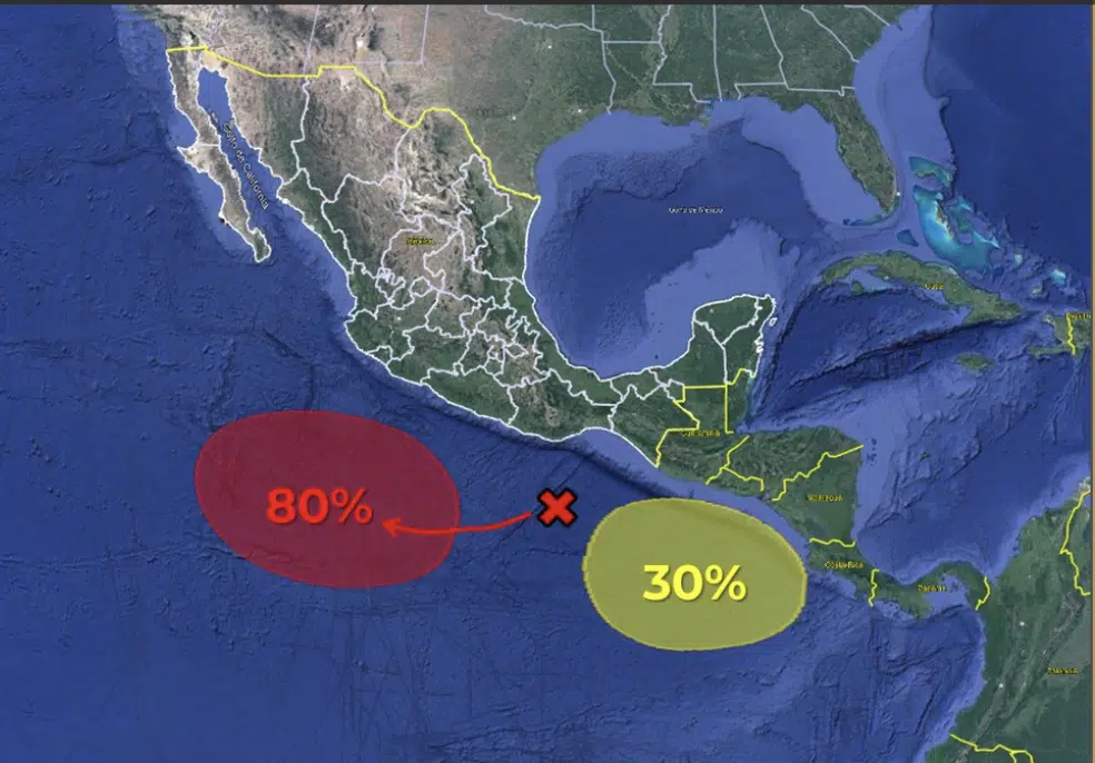 Mapa de la república mexicana con 2 zonas de baja presión en el océano Pacífico