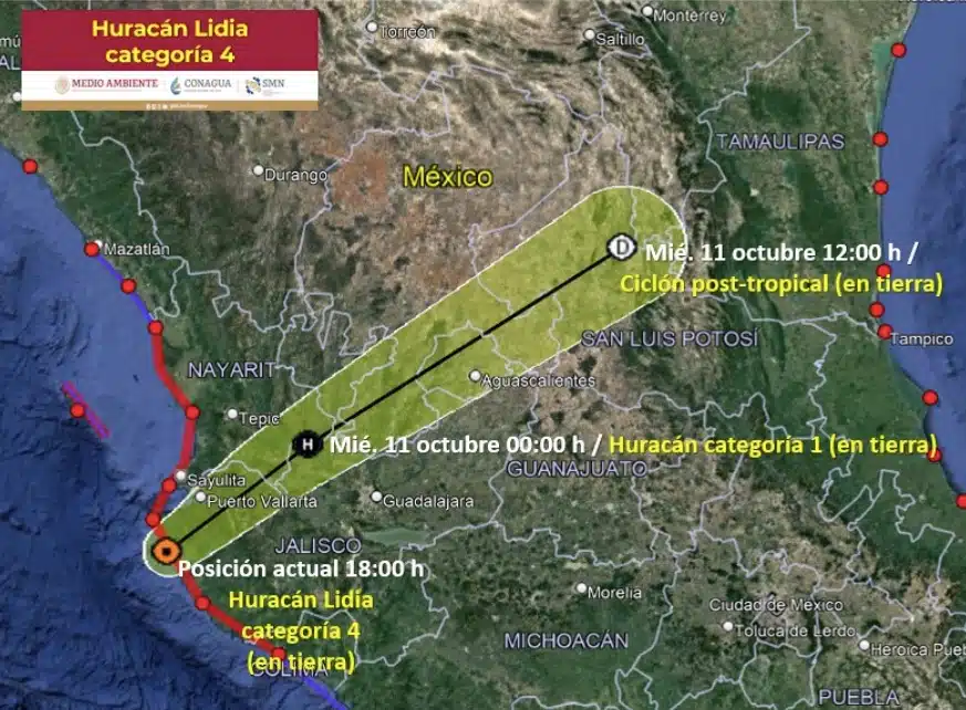 Recorrido del huracán Lidia desde Jalisco hasta Tamaulipas