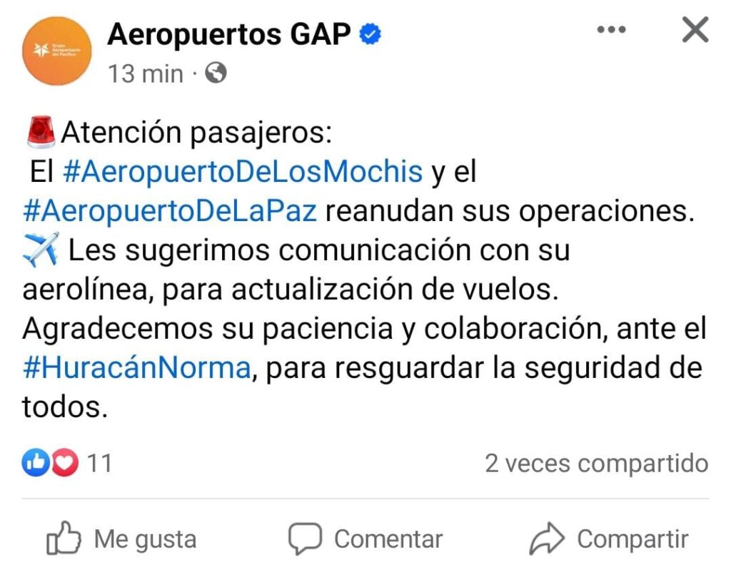Comunicado de Grupo Aeroportuario del Pacífico (GAP) en Facebook