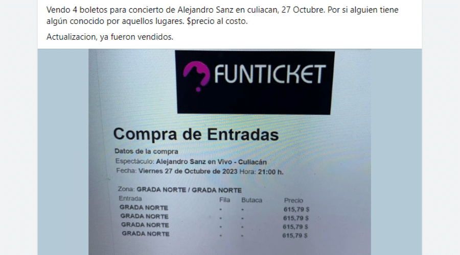 Reventa de boletos para ALejandro Sanz en Culiacán 
