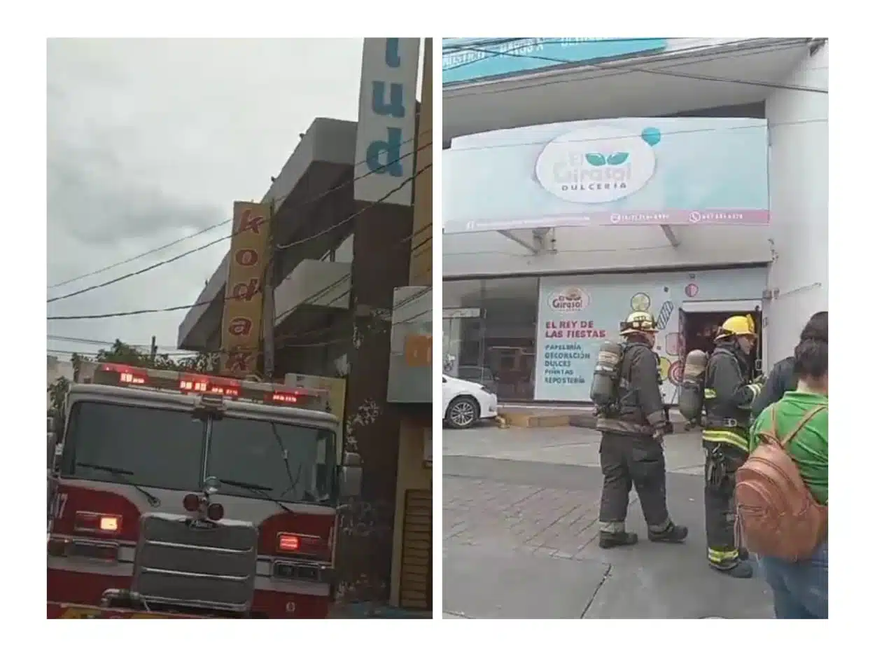 Camión de Bomberos afuera de dulcería incendiada en Culiacán.