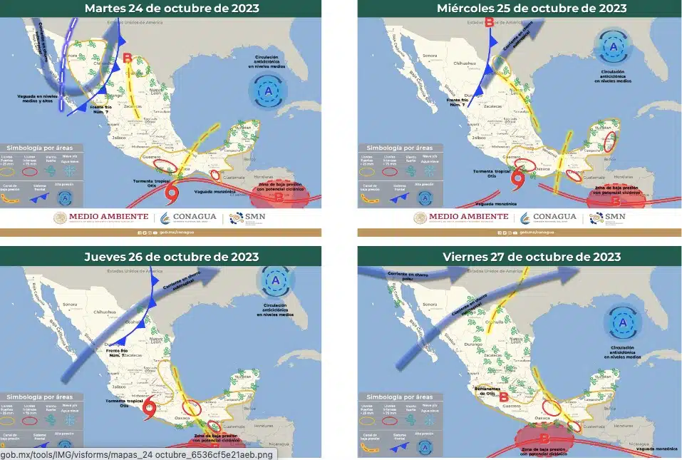 Mapas de México donde se muestra el pronóstico del clima para el país
