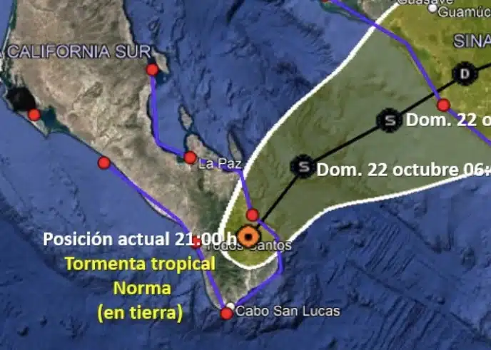 Mapa en el que se muestra la posición actual de la tormenta tropical Norma