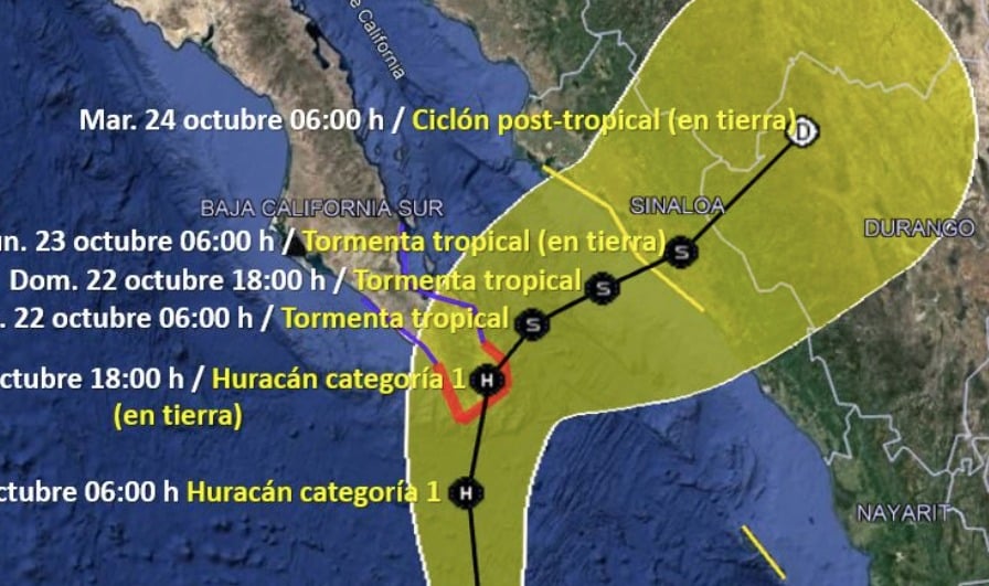 Mapa que muestra el pronóstico de trayectoria del huracán Norm