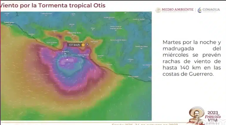 Mapa qque pronostica vientos del huracán Otis