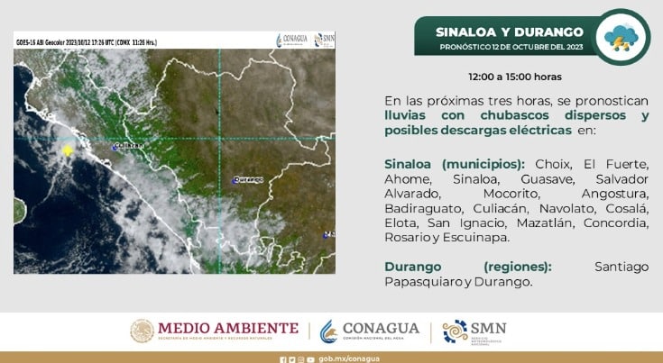 Indicaciones y mapa sobre Pronóstico de lluvias