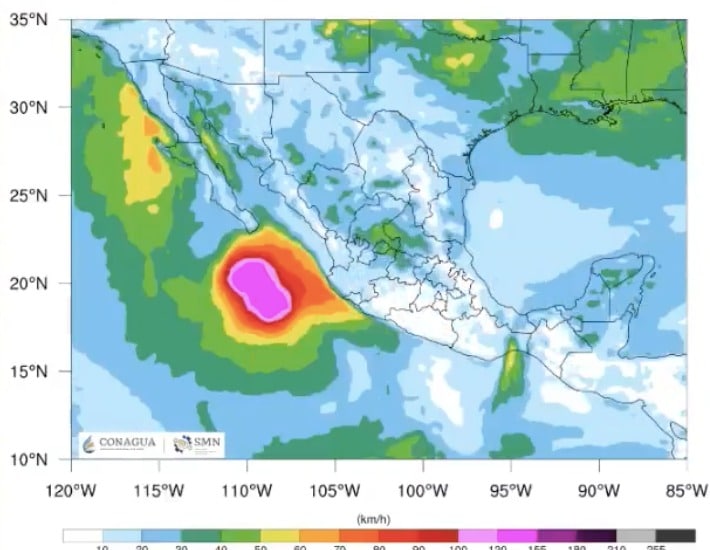 Mapa que muestra pronóstico de vientos y oleaje