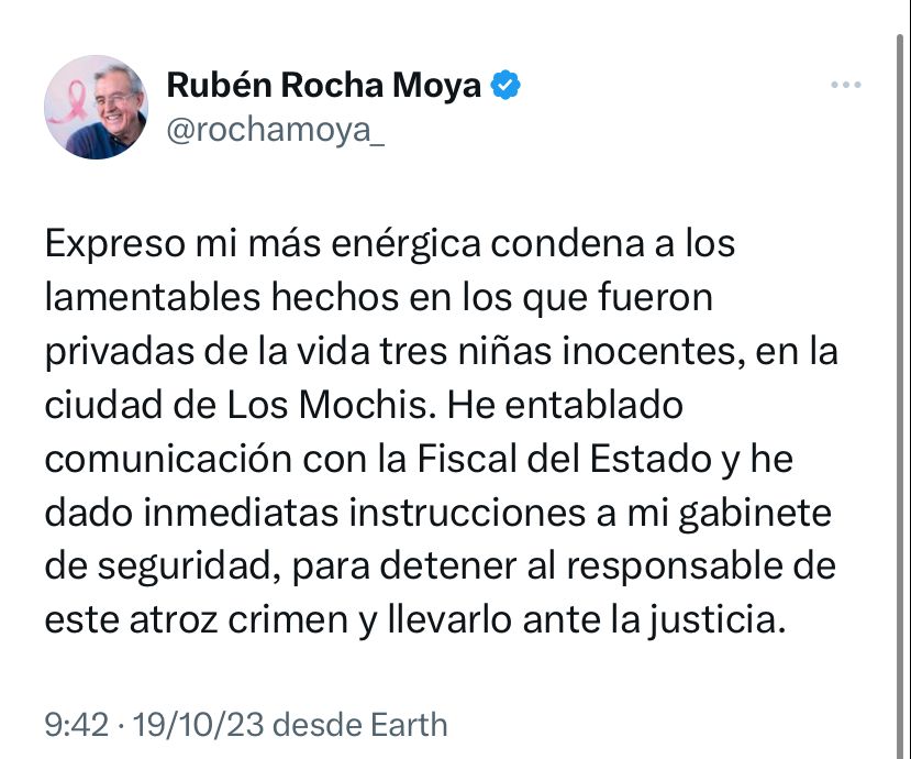 Publicación de mensaje de Rubén Rocha tras asesinatos