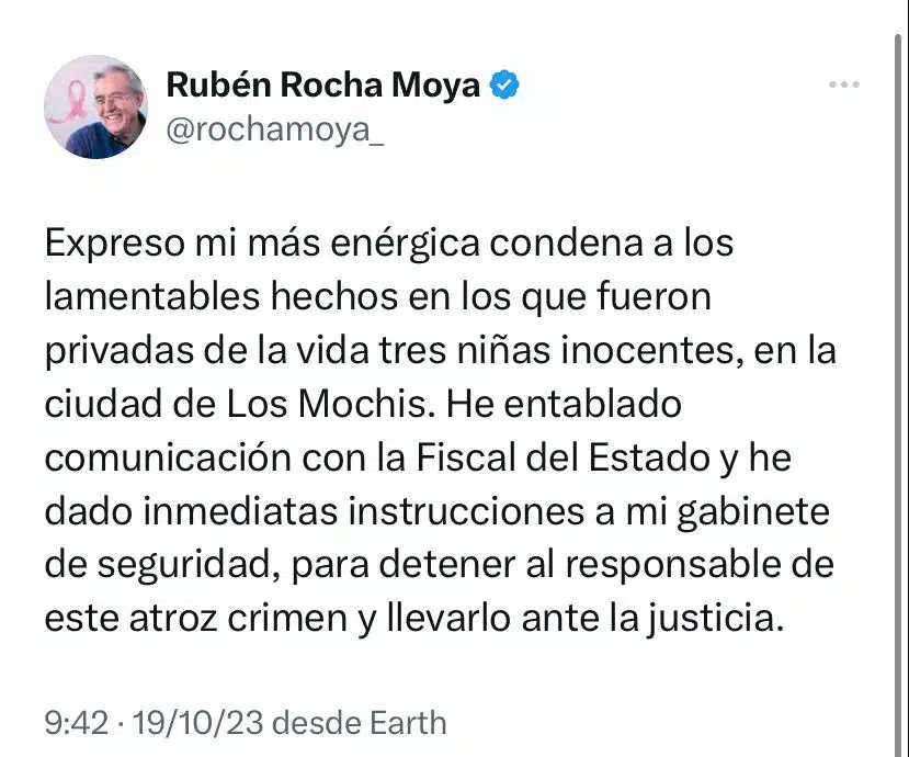 Publicación de mensaje de Rubén Rocha tras asesinatos