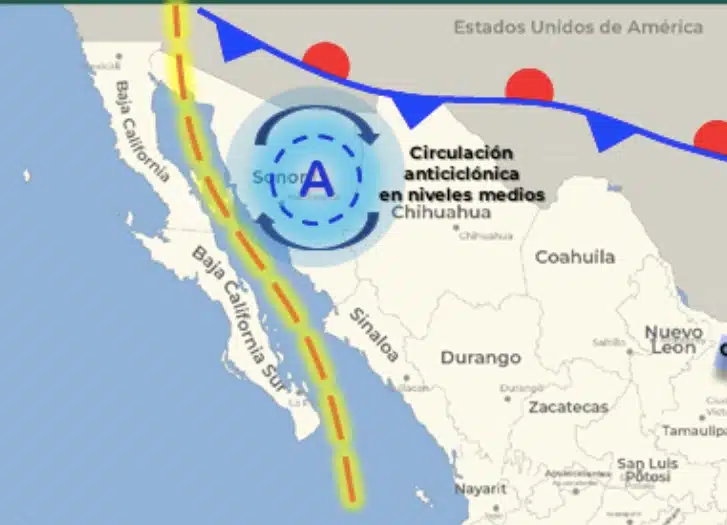 Mapa de México que muestra el sistema anticiclónico