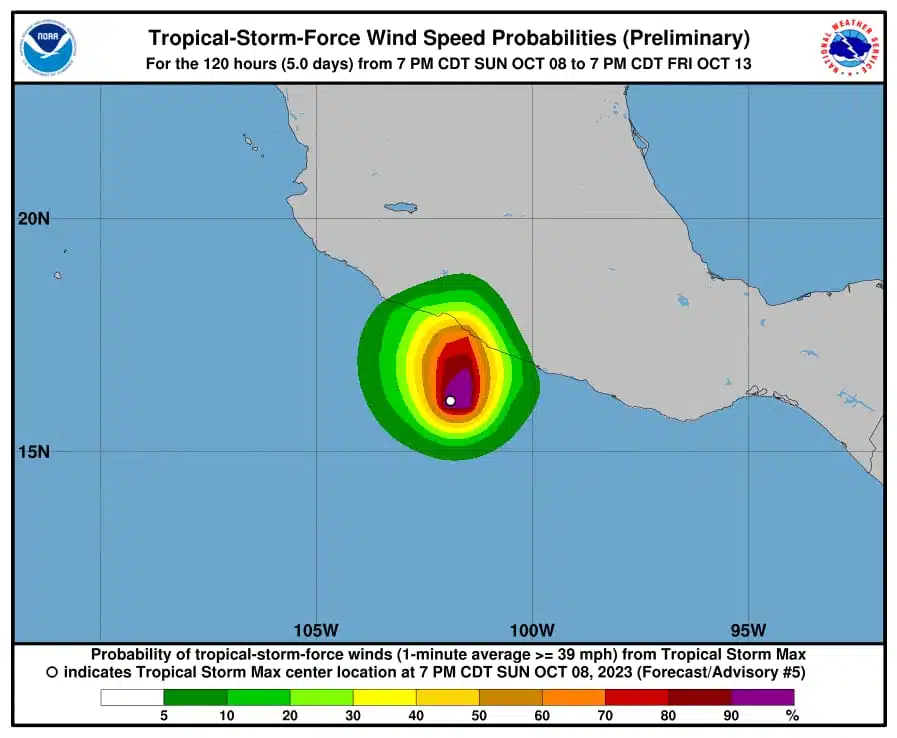 Mapa de viento de la tormenta tropical Max
