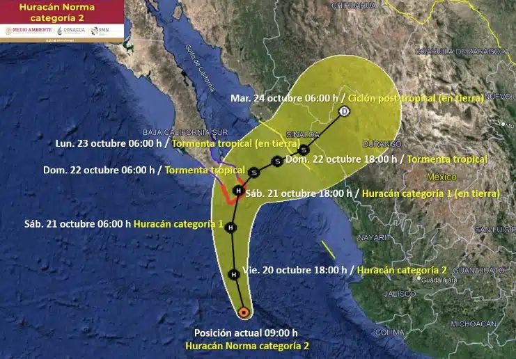 Mapa de parte de México que muestra el pronóstico del huracán Norma 
