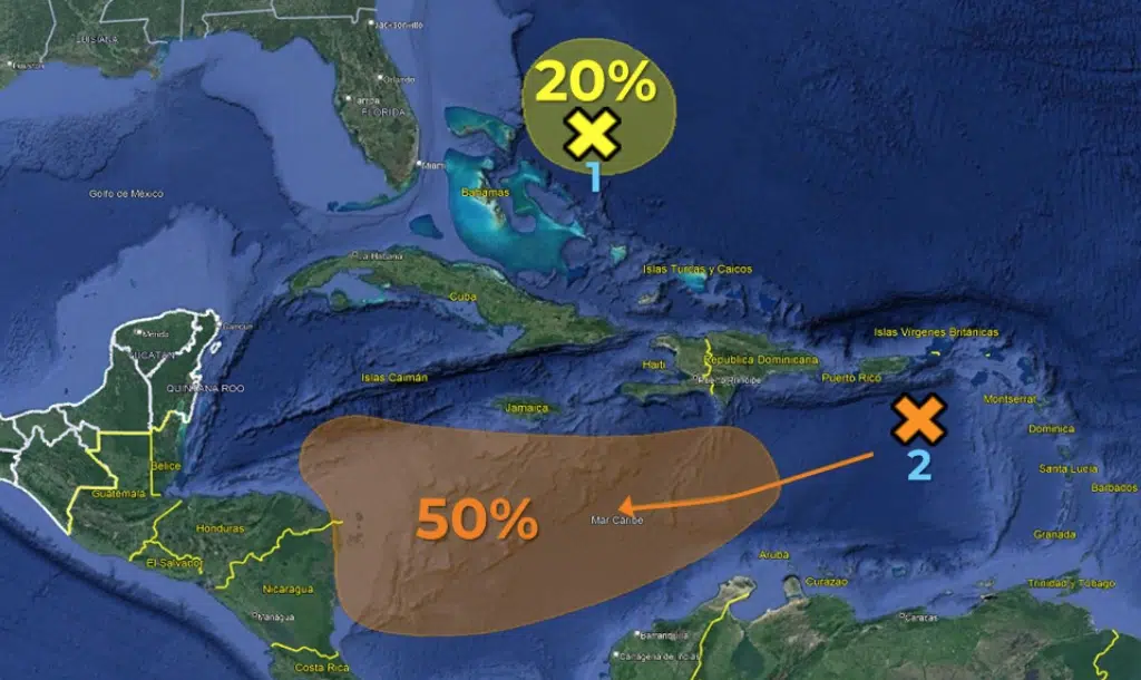 Localización de dos zonas de baja presión en el Atlántico y el Caribe
