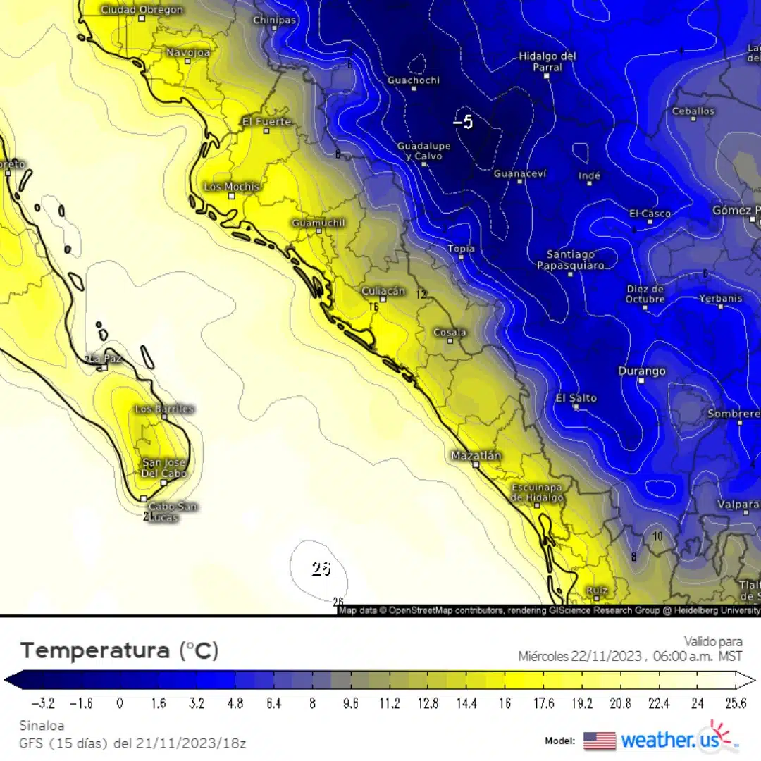 Mapa de Sinaloa donde se muestra un descenso en la temperatura