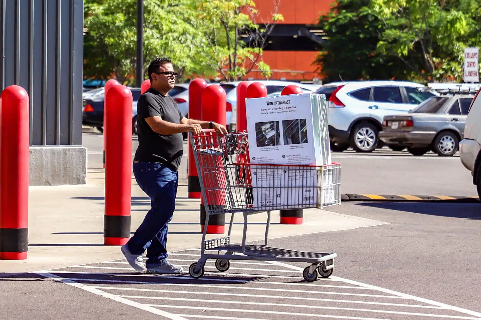 Hombre llevando sus compras en un carrito de super