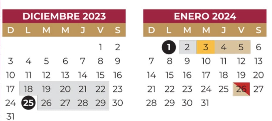 Calendario de los meses de Diciembre y Enero de la SEP