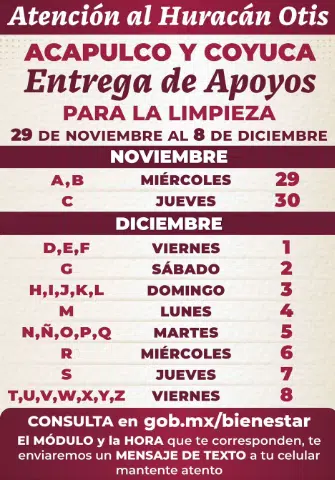 Calendario de apoyo a Bienestar