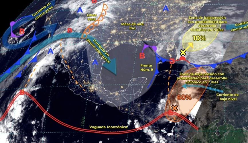 Mapa del Servicio Meteorológico Nacional con sistemas activos
