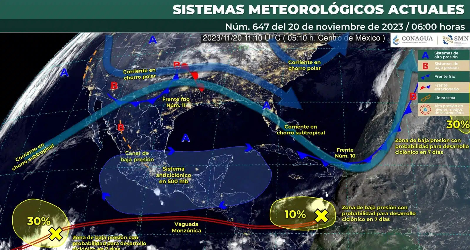 Mapa del Servicio Meteorológico Nacional con sistemas activos