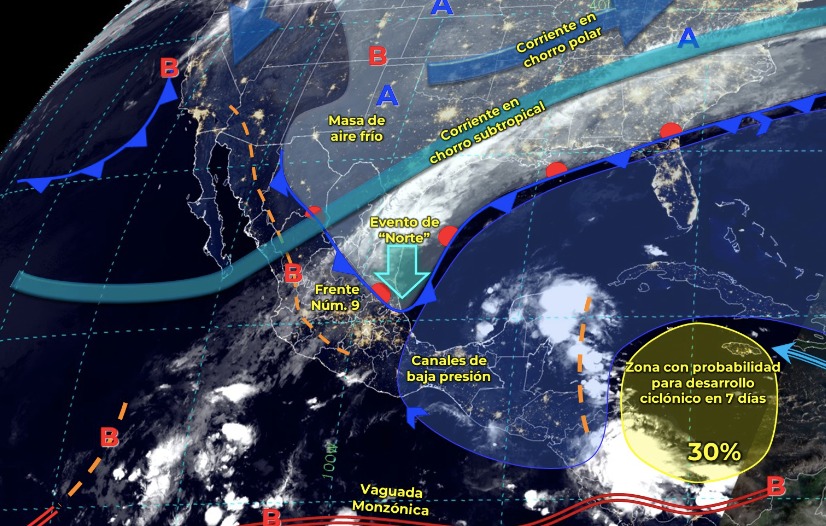 Mapa de sistemas meteorológicos activos en México hoy sábado 11 de noviembre.