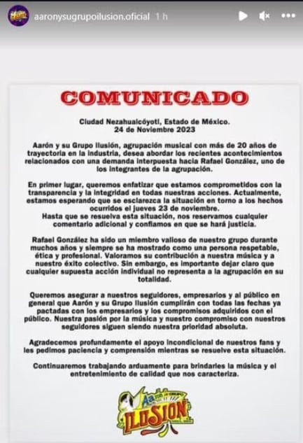 "Aarón y su Grupo Ilusión" se pronuncia tras detención de su acordeonista 