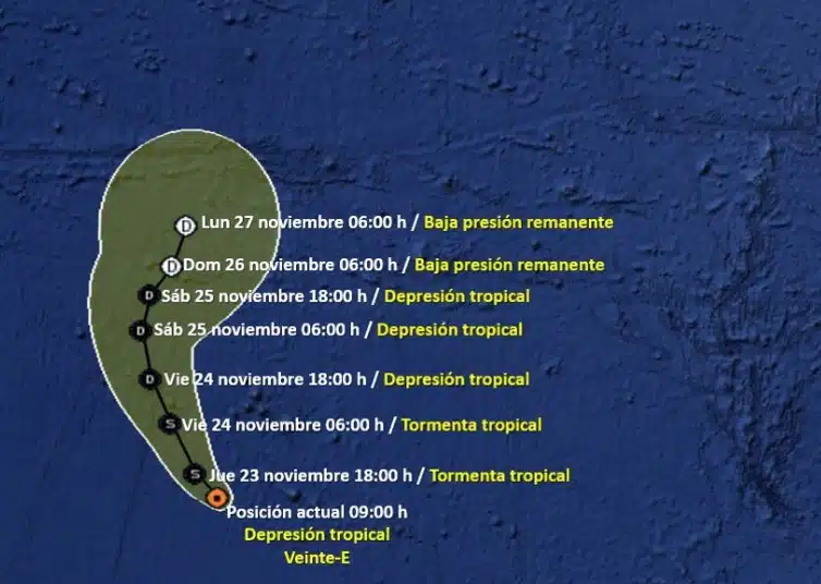 Posible trayectoria de la depresión tropical Veinte-E en el océano Pacífico