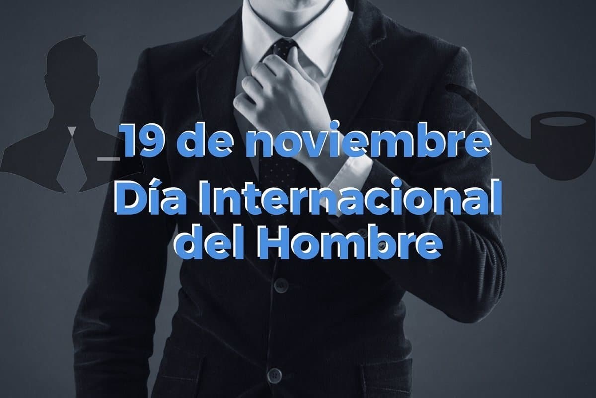 Letras del Día Internacional del Hombre y la silueta de una persona vestida de traje al fondo