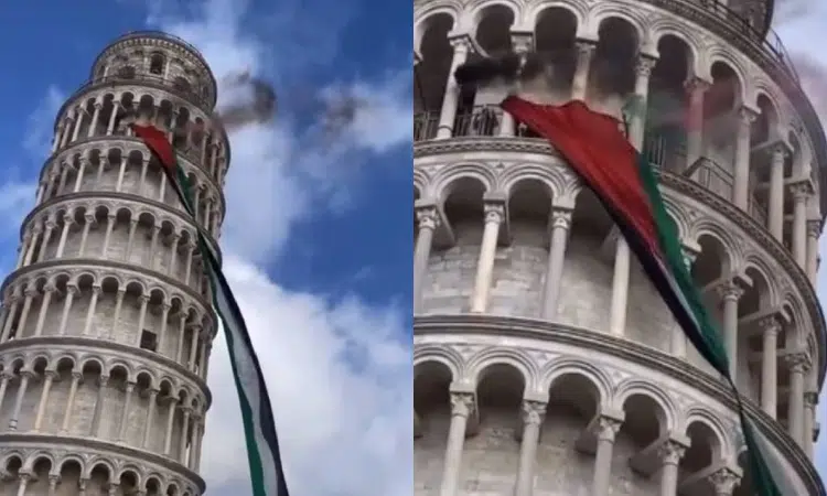 Manifestantes cuelgan enorme bandera de Palestina en Torre de Pisa