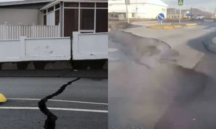 Emana vapor de enormes grietas en el centro de la ciudad de Grindavik