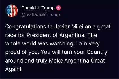 Donald Trump envió felicitación a Javier Milei por ganar elección presidencial en Argentina