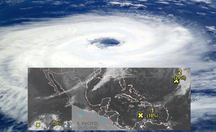 Mapa de la República Mexicana en el que se aprecian 3 sistemas tropicales y al fondo una foto del ojo de un huracán