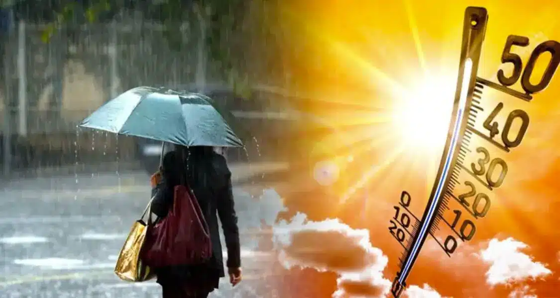 Una persona con un paraguas bajo la lluvia y un termómetro marcando altas temperaturas junto a un sol resplandeciente al fondo