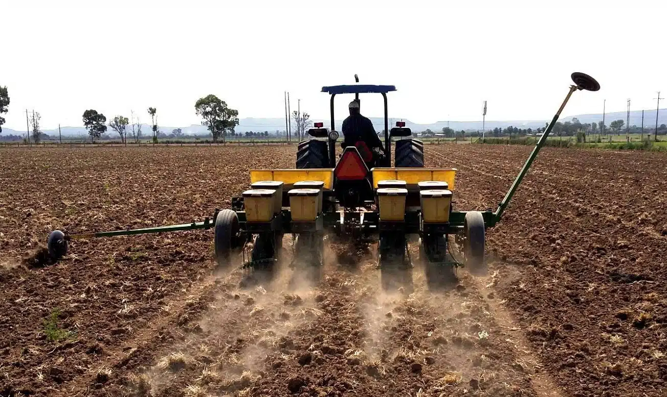 Tractor trabajando en parcela agrícola en Guasave.