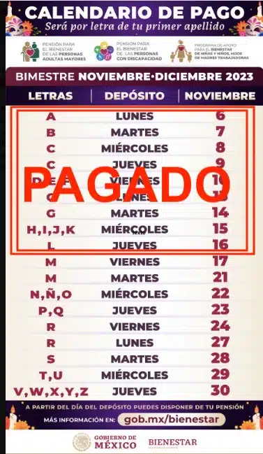 Calendario de pagos de la pensión Bienestar