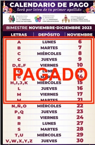 Calendario de pagos de la pensión Bienestar