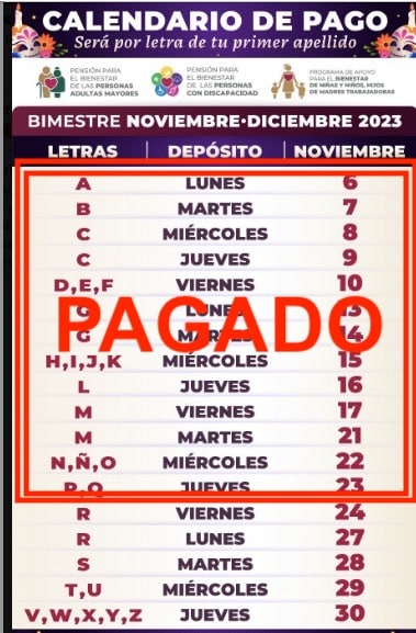 Calendario de pagos de la pensión Bienestar