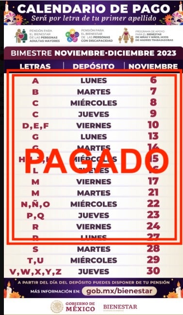 Calendario de pagos de la pensión Bienestar