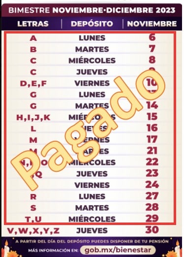 Calendario de pagos de la pensión Bienestar