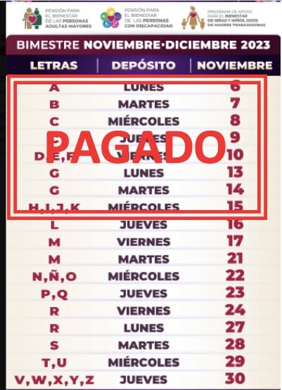 Calendario de pagos de la pensión Bienestar